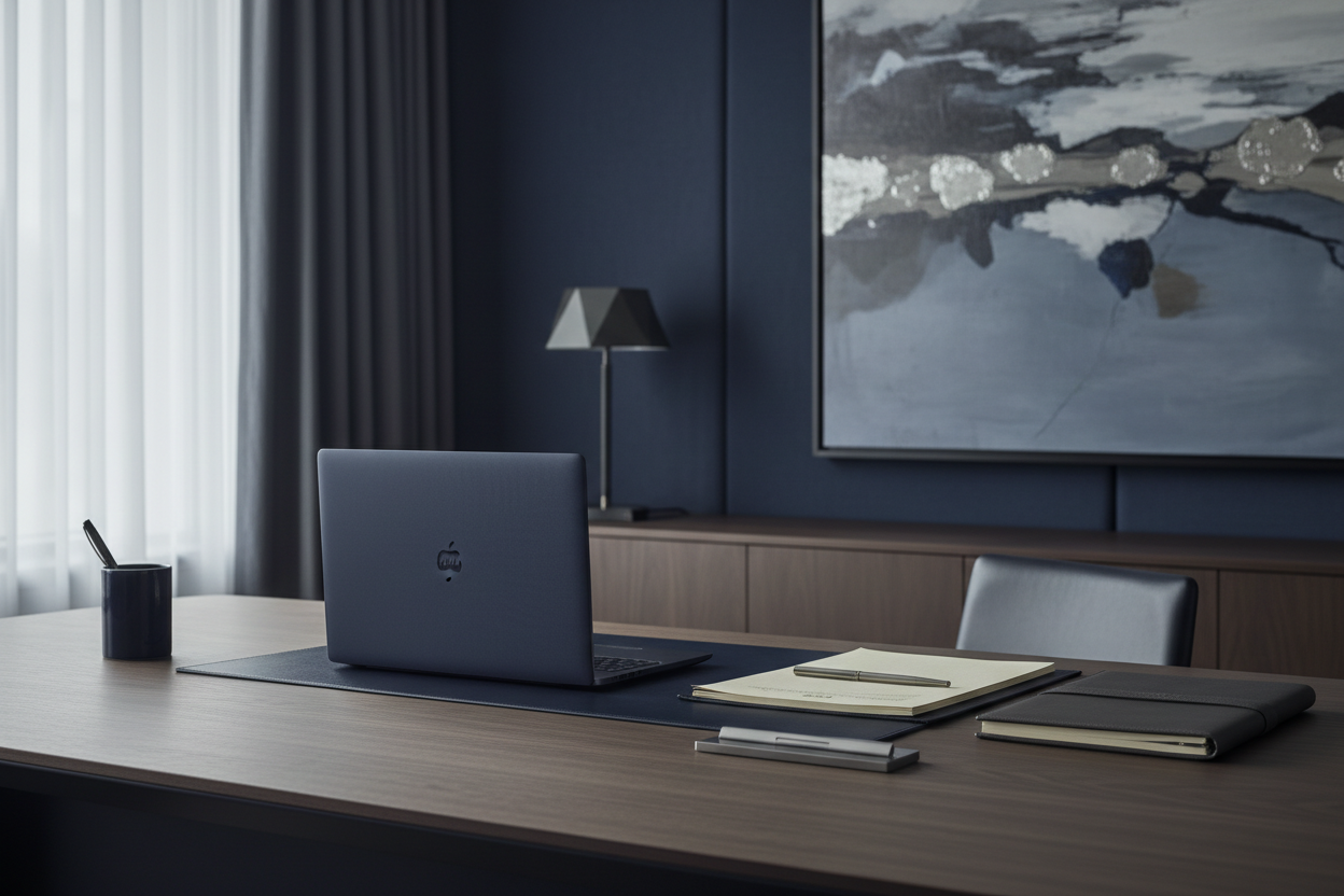 Quiet luxury navy and gray desk with documents and closed laptop. We need an image that simulates executive management.